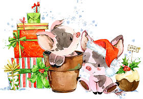 中国的猪年。新年贺卡。水彩卡通小猪插图。冬季假期手画背景