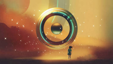 女人走到未來的圈子漂浮在空中, 數(shù)字藝術(shù)風(fēng)格, 插畫繪畫