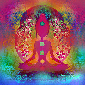 莲花瑜伽的姿势。padmasana 与彩色脉轮点