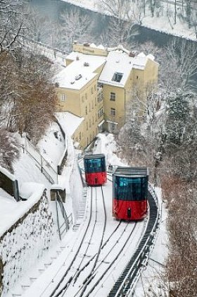 Red ropeway railway cable car in the mountains Ali Skersberg in Graz