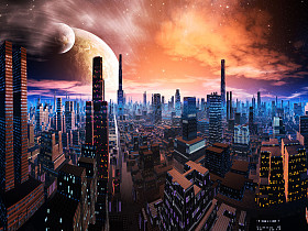 霓虹灯点亮城市景观上遥远的世