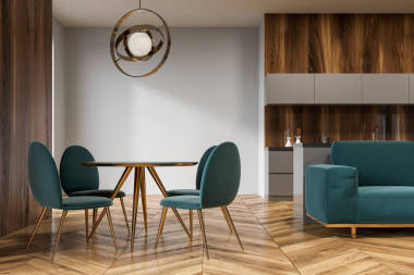 木制廚房 inteiror, 綠色沙發(fā)