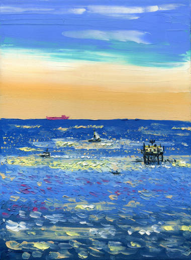 海上陽(yáng)光明媚的一天, 船和油井架