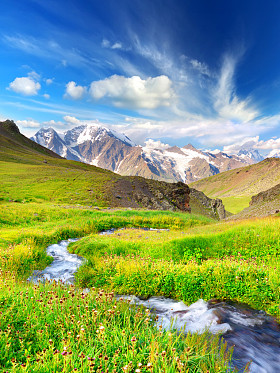 河在山谷与明亮的草甸。自然夏天风景