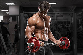 工作在健身房锻炼与杠铃在强烈的男性裸体躯干 abs 的二头肌肌肉男