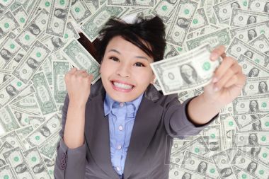業(yè)務(wù)的女人激動(dòng)的躺在床上的錢