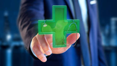一個商人持有照明藥劑十字架和聽診器-3d 渲染的看法
