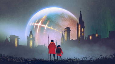 夜風(fēng)景的人和他的女兒看著神秘的城堡反對發(fā)光的行星, 數(shù)字藝術(shù)風(fēng)格, 插圖繪畫