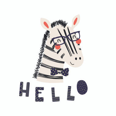 手繪可愛的滑稽斑馬在弓領(lǐng)帶和眼鏡與刻字報價你好孤立的白色背景