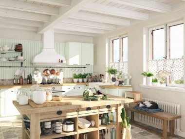 復古廚房在小屋與睡覺的貓。3d 渲染