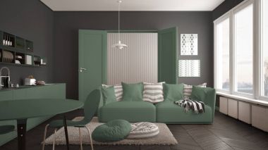 斯堪的納維亞現(xiàn)代客廳與廚房, 餐桌, 沙發(fā)和毯子枕頭, 簡約白色和綠色建筑室內(nèi)設(shè)計(jì)