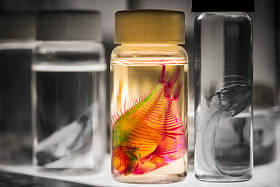生物研究用瓶中的鱼照片