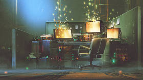 未来的工作空间闪闪发光的粒子漂浮在闪耀的屏幕, 数字艺术风格, 插图画