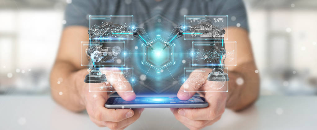 商人使用机器人武器与数字屏幕3d 渲染 商人使用机器人武器与数字屏幕3d 渲染