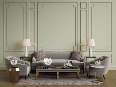 經(jīng)典的內(nèi)飾。沙發(fā), 椅子, sidetables 與燈具, 桌子與裝飾。白色墻壁與裝飾。地板實(shí)木復(fù)合木字形, 地毯與圖案。樣機(jī), 復(fù)制空間。數(shù)字 ilustration 3 d 渲染