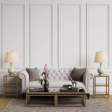 經(jīng)典的內(nèi)飾在柔和的顏色。沙發(fā), 椅子, sidetables 與燈具, 桌子與裝飾。白色墻壁與裝飾。地板實(shí)木復(fù)合木字形, 地毯與圖案。樣機(jī), 復(fù)制空間。數(shù)字 ilustration 3 d 渲染