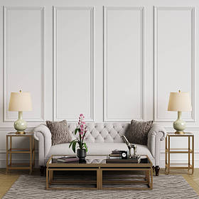 经典的内饰在柔和的颜色。沙发, 椅子, sidetables 与灯具, 桌子与装饰。白色墙壁与装饰。地板实木复合木字形, 地毯与图案。样机, 复制空间。数字 ilustration 3 d 渲染