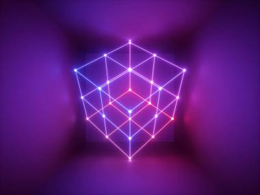 3d 渲染, 发光线, 霓虹灯, 抽象的迷幻背景, 立方体笼, 紫外线, 红外线, 频谱鲜艳的颜色, 激光显示