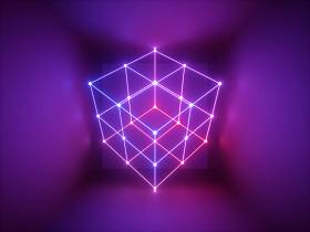 3d 渲染, 发光线, 霓虹灯, 抽象的迷幻背景, 立方体笼, 紫外线, 红外线, 频谱鲜艳的颜色, 激光显示