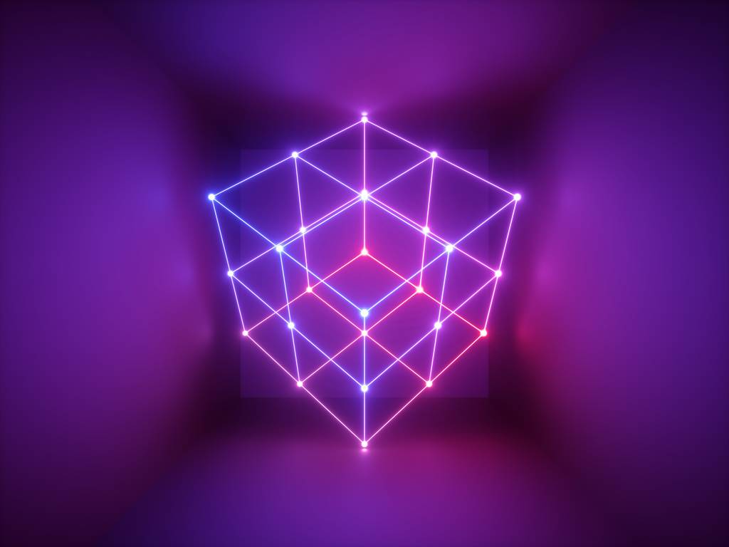 3d 渲染, 发光线, 霓虹灯, 抽象的迷幻背景, 立方体笼, 紫外线, 红外线, 频谱鲜艳的颜色, 激光显示