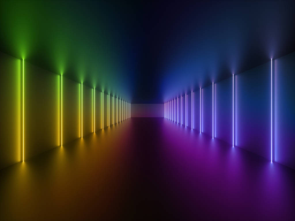 3d 渲染, 发光线, 霓虹灯, 抽象的迷幻背景, 走廊, 隧道, 紫外线, 频谱鲜艳的颜色, 激光显示