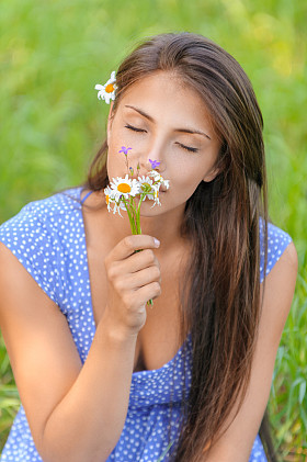 嗅到的雏菊花束的年轻女子图片