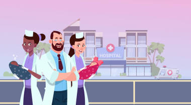 护士和医生举行新生儿在现代产科诊所背景医院建筑外