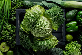 蔬菜与健康饮食理念下的木盒绿色青伏甘蓝高