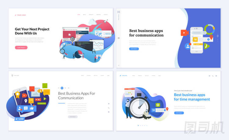 一套創(chuàng)意網(wǎng)站模板設計。矢量插圖概念為網(wǎng)站和移動網(wǎng)站的設計和開發(fā), Seo, 業(yè)務應用, 營銷, 平面設計, 社會媒體應用, 時間和項目管理。易于編輯和自定義