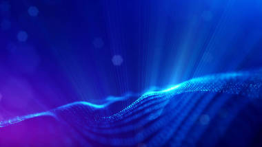 具有景深和散景的发光粒子的科幻背景。微粒形成线和抽象表面网格。3d 渲染 V13 蓝色