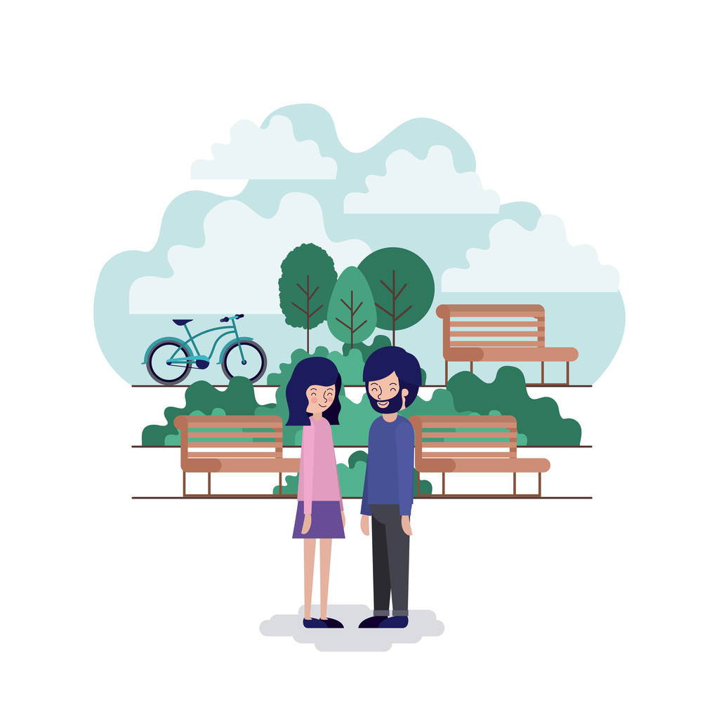 夫妇在公园场面与椅子和自行车 夫妇在公园场面与椅子和自行车