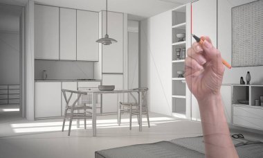 手绘定制现代简约白色厨房。量身定做的未完工项目建筑室内设计