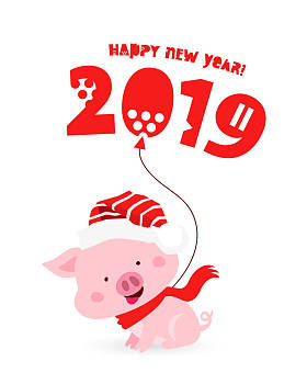 有趣的猪在红色圣诞帽子与气球