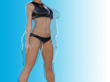 概念肥胖超重肥胖女性 vs 后减肥苗条身材健康的身体，或肌肉瘦的年轻的女子在蓝色的饮食习惯。健身、 营养或肥胖肥胖，健康形状三维图