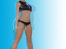 概念肥胖超重肥胖女性 vs 后减肥苗条身材健康的身体，或肌肉瘦的年轻的女子在蓝色的饮食习惯。健身、 营养或肥胖肥胖，健康形状三维图