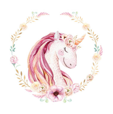 孤立可愛的水彩獨(dú)角獸剪貼畫與花卉。苗圃獨(dú)角獸插圖。彩虹公主海報(bào)。時(shí)尚粉紅色卡通馬馬
