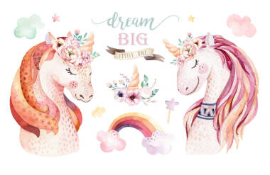 孤立可愛的水彩獨角獸剪貼畫與花卉。苗圃獨角獸插圖。彩虹公主海報。時尚粉紅色卡通馬馬