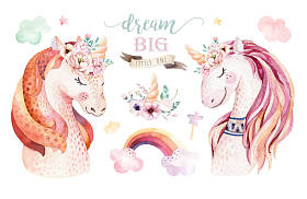 孤立可爱的水彩独角兽剪贴画与花卉。苗圃独角兽插图。彩虹公主海报。时尚粉红色卡通马马