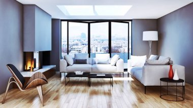 现代明亮内饰公寓3d 渲染插图