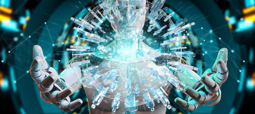 用数字地球仪连接人3d 渲染的白色男性机器人