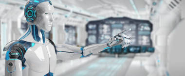 白色的男性機(jī)器人指著他的手指3d 渲染