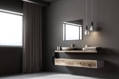 灰色浴室水槽, 方形鏡子, 窗口