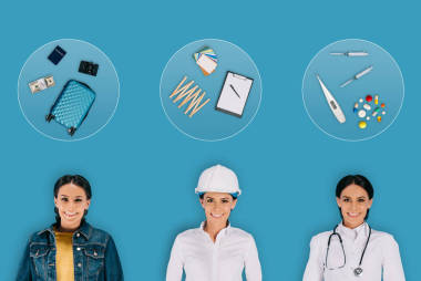 年轻女性旅行者, 建设者和医生以专业设备, 职业概念