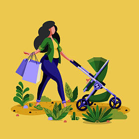 年轻的母亲推她的孩子在婴儿车水槽公园插图