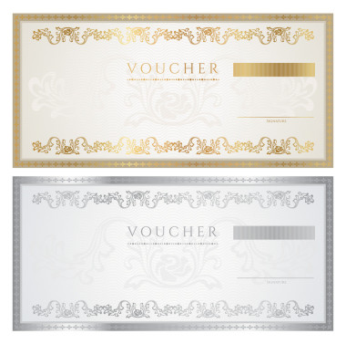 凭证模板与花卉图案、 水印、 边框。背景设计礼券、 优惠券、 钞票、 证书、 文凭、 机票，货币，检查 (支票)。在金、 银的颜色矢量