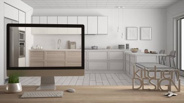 建筑師設(shè)計(jì)師項(xiàng)目概念, 木桌與房子鑰匙, 3d 信件詞廚房設(shè)計(jì)和桌面顯示草稿, 藍(lán)圖 Cad 剪影在背景, 白色室內(nèi)設(shè)計(jì)