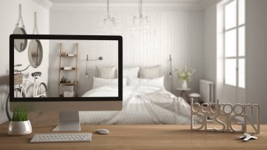 建筑師設(shè)計師項目概念, 木桌用鑰匙, 3d 信件做詞臥室設(shè)計和桌面顯示草稿, 背景的模糊的空間, 室內(nèi)設(shè)計