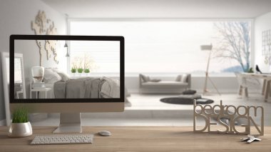 建筑師設(shè)計(jì)師項(xiàng)目概念, 木桌用鑰匙, 3d 信件做詞臥室設(shè)計(jì)和桌面顯示草稿, 背景的模糊的空間, 室內(nèi)設(shè)計(jì)