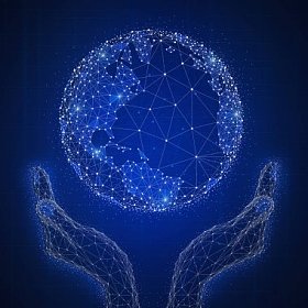 Blockchain 技术未来世界的标志与全球的手