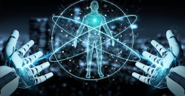 白色機器人手掃描人體3d 渲染